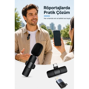 Kablosuz Yaka Mikrofonu USB-C Lightning Uyumlu Tak Çalıştır Telefon Video Ses Kayıt Seti