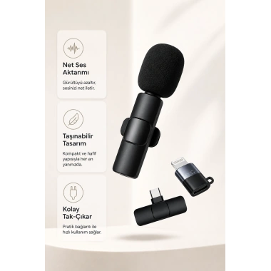 Kablosuz Yaka Mikrofonu USB-C ve Lightning Adaptörlü Telefon Uyumlu Kompakt Ses Kiti