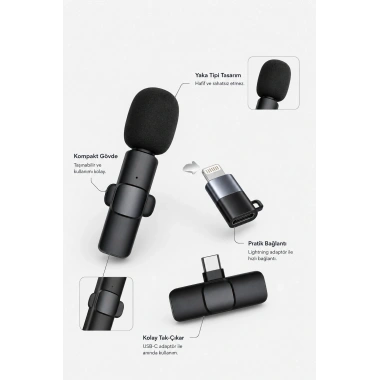 Kablosuz Yaka Mikrofonu USB-C ve Lightning Adaptörlü Telefon Uyumlu Kompakt Ses Kiti