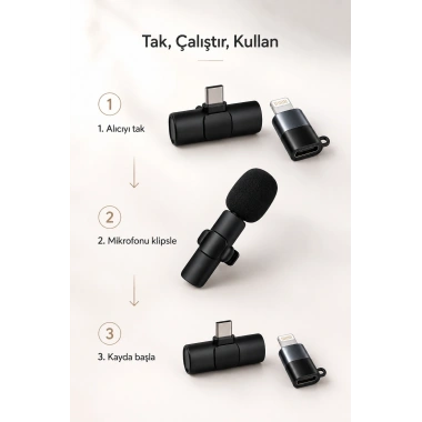 Kablosuz Yaka Mikrofonu USB-C ve Lightning Uyumlu Tak Çalıştır Telefon Kayıt Mikrofonu