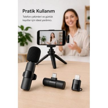 Kablosuz Yaka Mikrofonu USB-C ve Lightning Uyumlu Tak Çalıştır Telefon Kayıt Mikrofonu