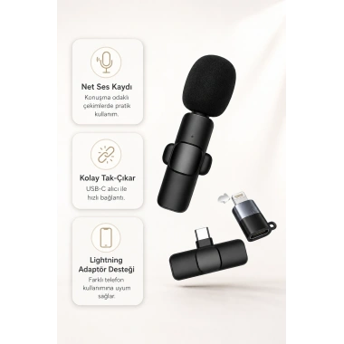 Kablosuz Yaka Mikrofonu USB-C ve Lightning Uyumlu Tak Çalıştır Telefon Kayıt Mikrofonu