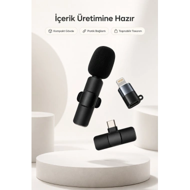 Kablosuz Yaka Mikrofonu USB-C ve Lightning Uyumlu Tak Çalıştır Telefon Kayıt Mikrofonu
