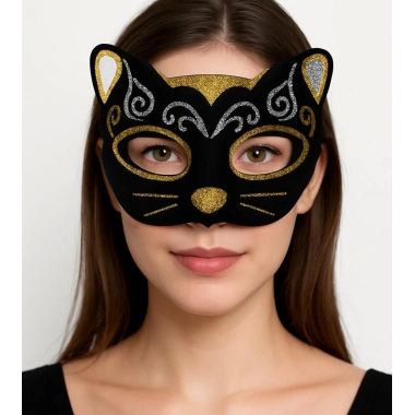 Kadife Dokulu Sim Detaylı Işıltılı Kedi Maskesi Altın Gümüş 20x13 Cm