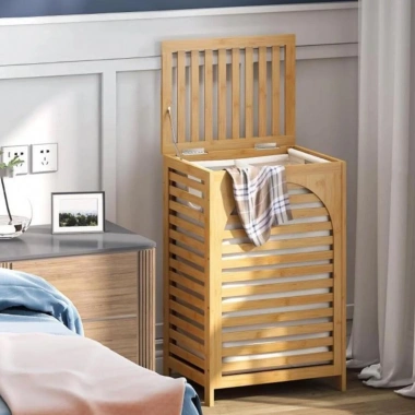 KALIN AHŞAP BAMBU KİRLİ ÇAMAŞIR SEPETİ KUMAŞ ÇANTALI SEPET=43X33X67CM (5468)