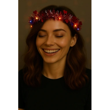 Kalp Püsküllü 3 Modlu LED Işıklı Taç Kırmızı Renk
