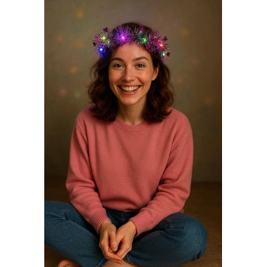 Kalp Püsküllü Gece Parıltısı 3 Modlu Led39li Işıklı Taç Fuşya Renk