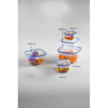 Kare 10 Parça Contalı Vakumlu Sızdırmaz Hava Almaz Saklama Kabı Seti 2x(3750/2400/1500/900/500 ml)