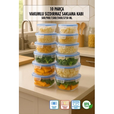 Kare 10 Parça Contalı Vakumlu Sızdırmaz Hava Almaz Saklama Kabı Seti 2x(3750/2400/1500/900/500 ml)