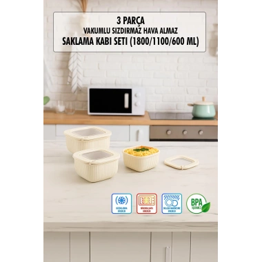 Kare 3 Parça Vakumlu Sızdırmaz Hava Almaz Saklama Kabı Seti Gri (1800/1100/600 Ml)