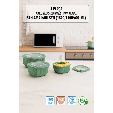 Kare 3 Parça Vakumlu Sızdırmaz Hava Almaz Saklama Kabı Seti Yeşil (1800/1100/600 Ml)