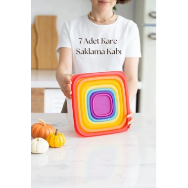 Kare 7 Parça Hava Almaz Sızdırmaz Saklama Kabı Seti Renkli Kapak (200/330/630/1100/1800/3300/5600 ml)