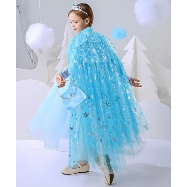 Karlar Ülkesi Elsa Frozen Mavi Pelerin – 80 Cm Kar Desenli Çocuk Pelerini ( Taç Hariç )