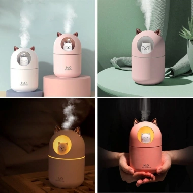 Kedicik Figürlü Hava Nemlendirici – Ultrasonik Soğuk Buhar Makinesi, LED Işıklı Masaüstü Oda Nemlendirici (5468)