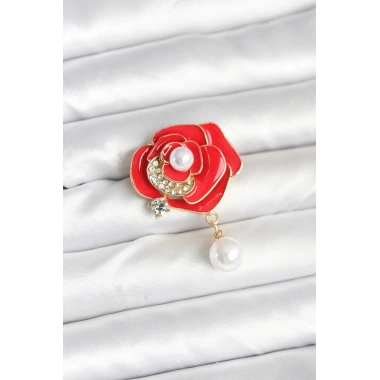 Kırmızı Gül İncili Model Broş