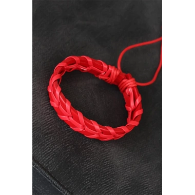 Kırmızı Örgü Deri Erkek Bileklik