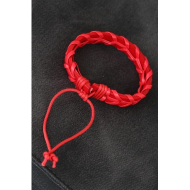 Kırmızı Örgü Deri Erkek Bileklik