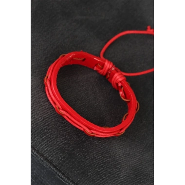 Kırmızı Renk Ayarlamalı İpli Deri Erkek Bileklik