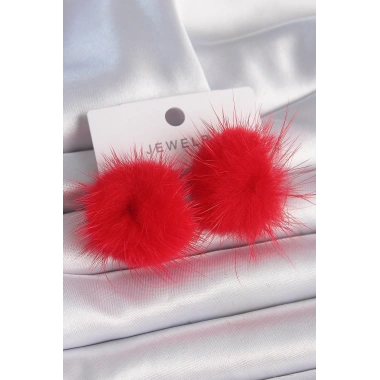 Kırmızı Tüylü Ponpon Model Kadın Küpe