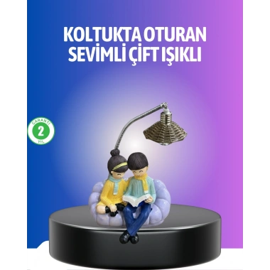 Kitap Okuyan Çift Figürlü Gece Lambası Romantik Dekoratif Masa Lambası