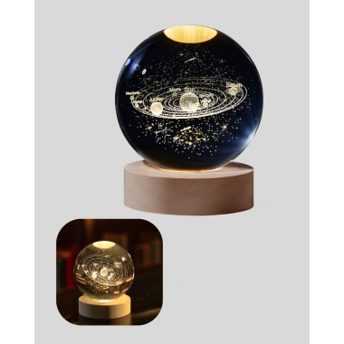 Kristal Gezegen Küre Ahşap Tabanlı USB Işıklı Gece Lambası