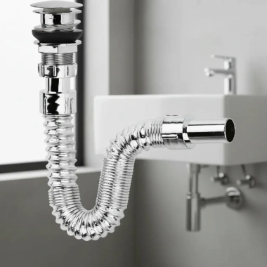 Krom Basmalı Sifon -Körüklü Sifon Bas Stoplu Lavabo Mutfak Sifonu-Paslanmaz