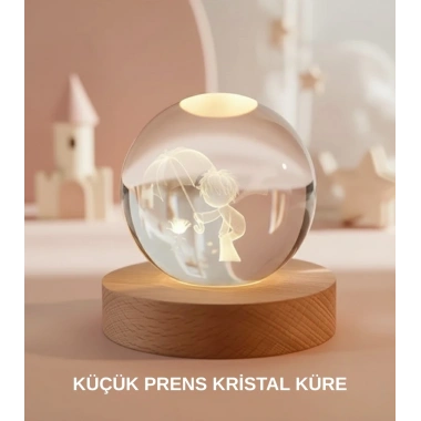 Küçük Prens Figürlü 3D Kristal Top Sıcak Işıklı USB Ahşap Tabanlı Dekor Lamba