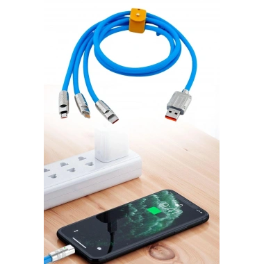 Kutulu  3 Şarj Aleti 1 Arada Çinko Alaşım Hızlı Şarj Kablosu Mavi 3 in 1 (5468)