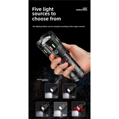 LED El Feneri 2000 Lümen USB Şarj Edilebilir Flash Işığı Yüksek Güçlü El Feneri Taktiksel Uzun Menzil El Lambası XA-B707 (5468)