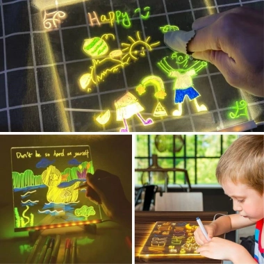 LED Işıklı Kendiliğinden Renkli Fosforlu Kalemli Kare Yazı Panosu 20x20 cm (5468)