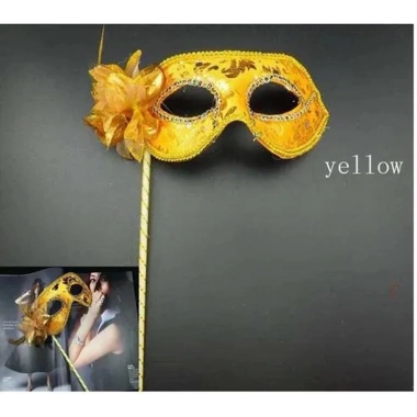 Lüks Taşlı Saplı Maskeli Balo Maskesi Altın Renk 35 Cm