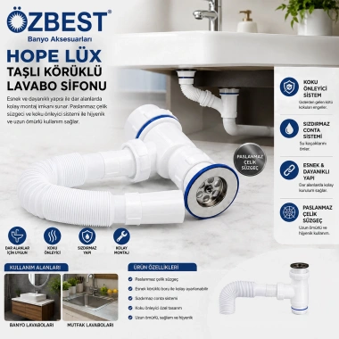 LÜX PASLANMAZ TAŞLI KÖRÜKLÜ LAVABO SİFON (5468)