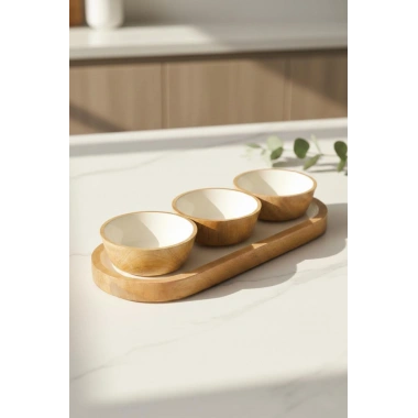 Mango Agacı Standlı Üçlü Kase Seti & Sunum Ve Servis Seti Krem