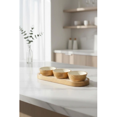 Mango Agacı Standlı Üçlü Kase Seti & Sunum Ve Servis Seti Krem