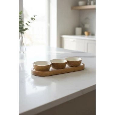 Mango Agacı Standlı Üçlü Kase Seti & Sunum Ve Servis Seti Krem