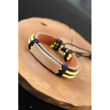 Metal Aksesuarlı Sarı Siyah Renk Deri Erkek Bileklik
