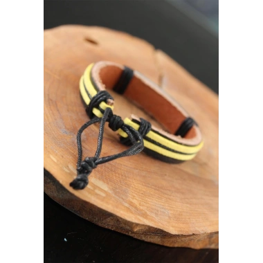 Metal Aksesuarlı Sarı Siyah Renk Deri Erkek Bileklik