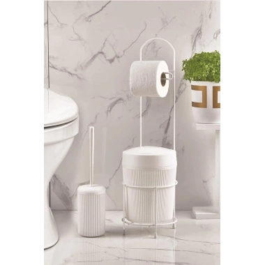 Metal Standlı Yuvarlak Kovalı & Kağıtlıklı & Fırçalıklı Beyaz Banyo Takımı