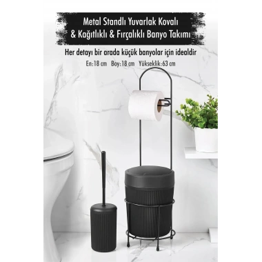 Metal Standlı Yuvarlak Kovalı & Kağıtlıklı & Fırçalıklı Siyah Banyo Takımı