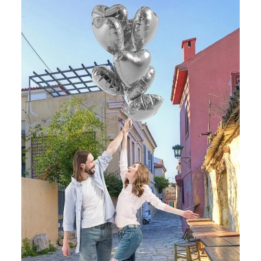 Metalize Parlak Gümüş Kalp Şekilli Uçan Balon Folyo 18 İnç 45 Cm 10 Adet
