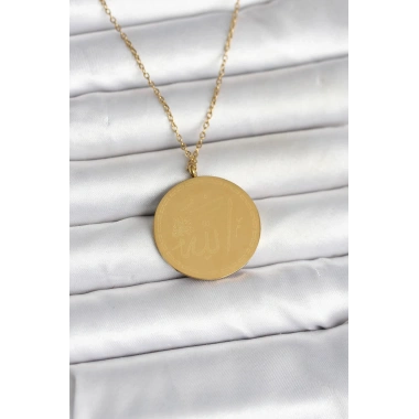 Mey İthalat® 316L Çelik Gold Renk Ayetel Kürsi ve Allah Yazılı Kolye