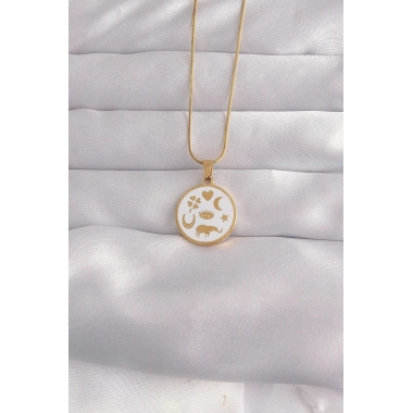 Mey İthalat® 316L Çelik Gold Renk Beyaz Mineli Karışık Figürlü Tarot Kolye