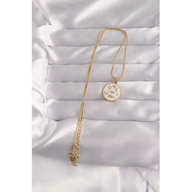 Mey İthalat® 316L Çelik Gold Renk Beyaz Mineli Karışık Figürlü Tarot Kolye