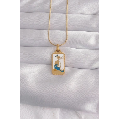 Mey İthalat® 316L Çelik Gold Renk Beyaz Mineli Kız Figür Tarot Kolye