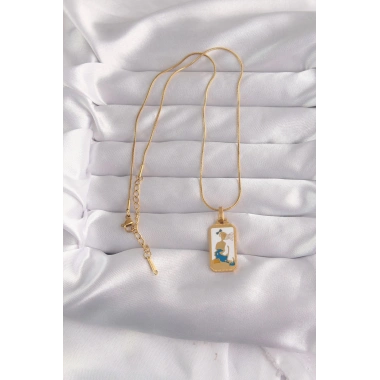 Mey İthalat® 316L Çelik Gold Renk Beyaz Mineli Kız Figür Tarot Kolye