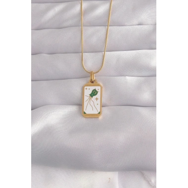 Mey İthalat® 316L Çelik Gold Renk Beyaz Mineli Tarot Kolye