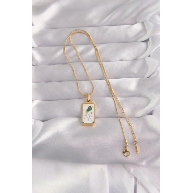 Mey İthalat® 316L Çelik Gold Renk Beyaz Mineli Tarot Kolye
