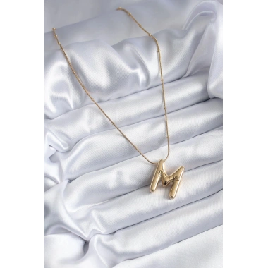 Mey İthalat® 316L Çelik Gold Renk Bubble M Harf Model Kadın Kolye