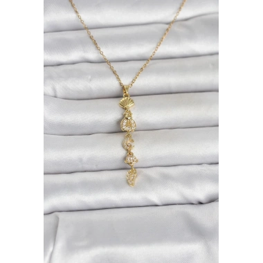 Mey İthalat® 316L Çelik Gold Renk Deniz Temalı Y Model Zirkon Taşlı Kadın Kolye