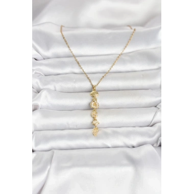 Mey İthalat® 316L Çelik Gold Renk Deniz Temalı Y Model Zirkon Taşlı Kadın Kolye